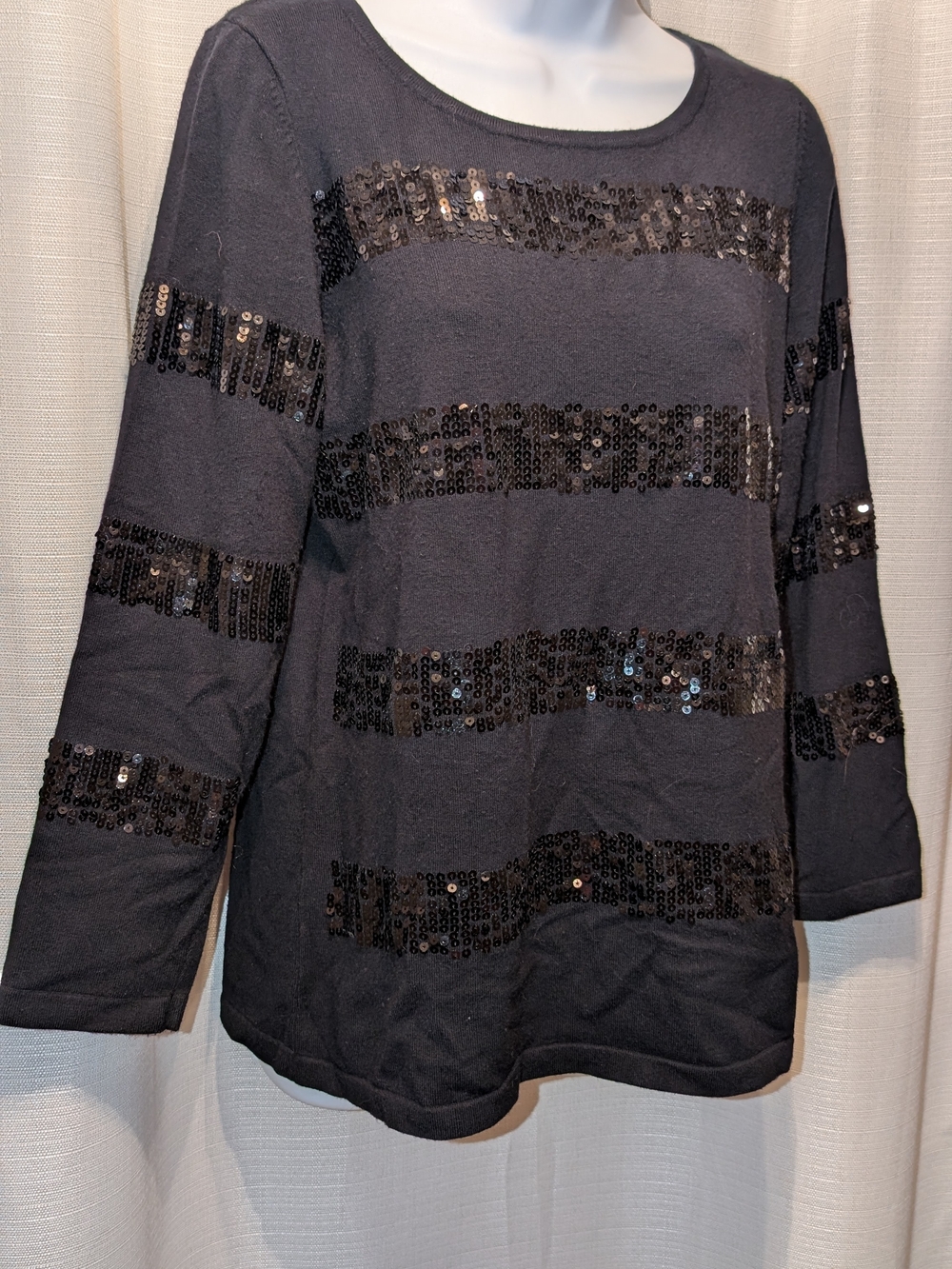 Joseph A Black Scoop Neck Sequin Stripe Sweater